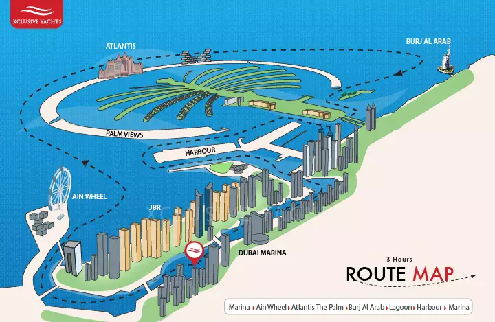 Dubai private boat rental - 3 hour charter map - Dubai Marina, Ain Wheel, Atlantis The Palm, Burj Al Arab, Lagoon, Harbour