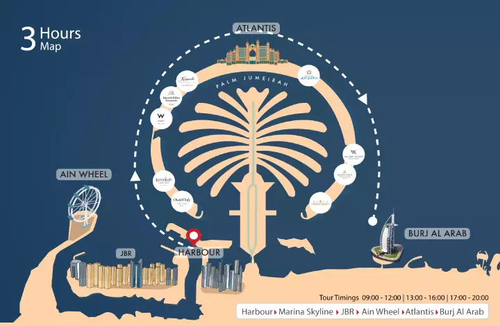 Dubai Superyacht Chater - Route Map - Harbour, Atlantis The Palm, Burj Al Arab, Business Bay