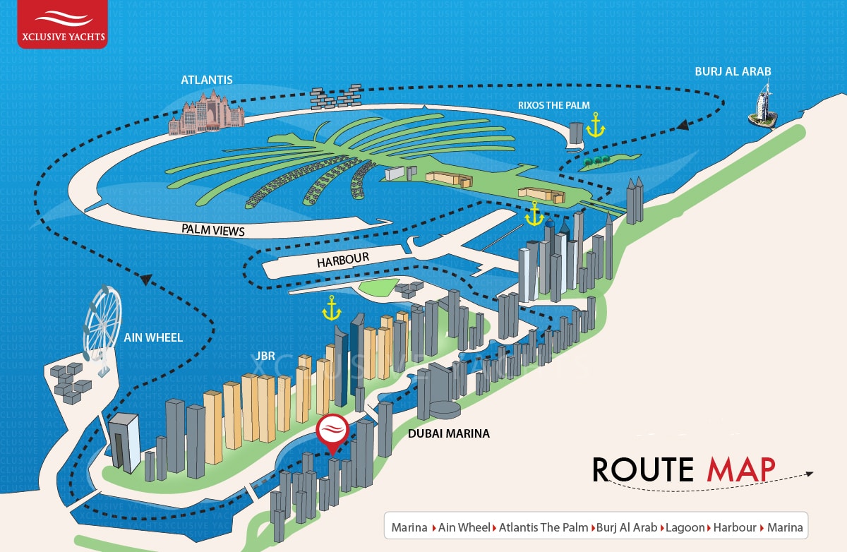 Dubai private yacht rental Atlantis cruise map