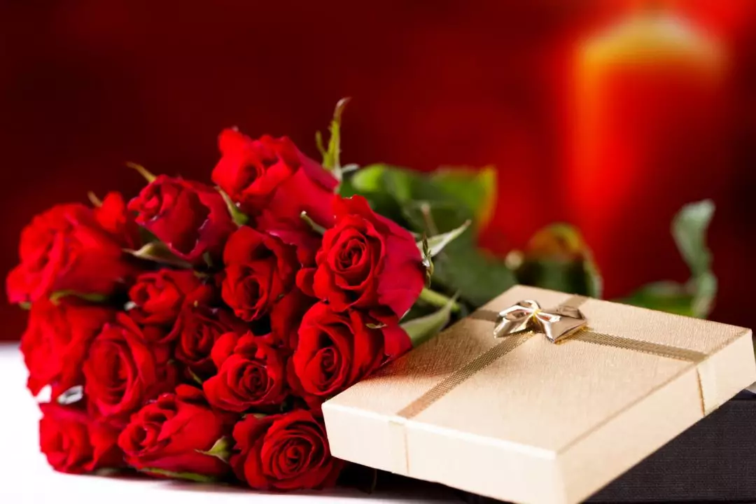 Bouquet of Red Roses and Box of Chocolates