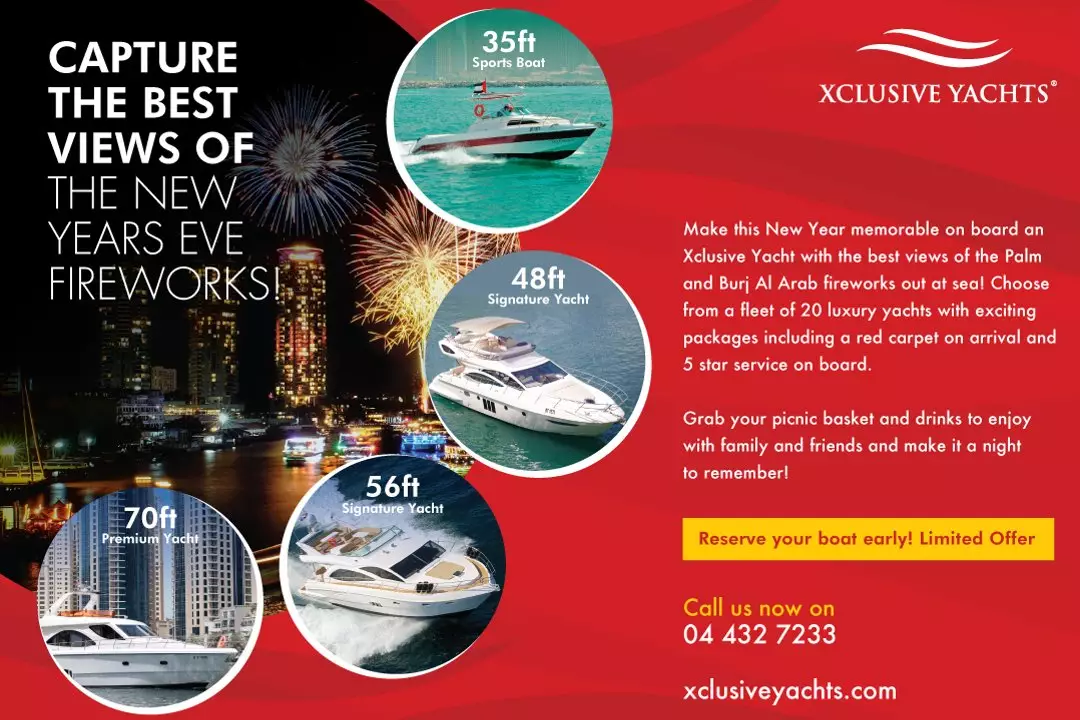 Xclusive Yachts presents New Years Eve Party Cruises that gives unrestricted views of the world famous Dubai fireworks.