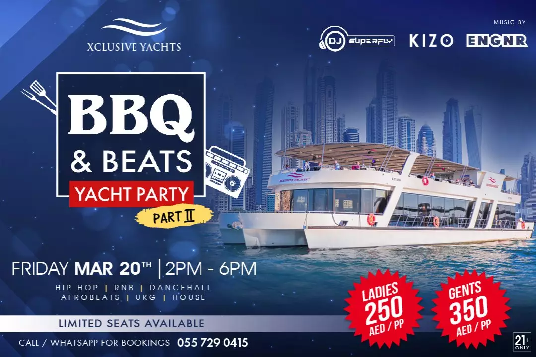 The biggest in Dubai's Friday Boat Party is back by popular demand! Sailing onboard Xclusive Yachts 125ft luxury houseboat this 20th of March from 2PM - 6PM. 